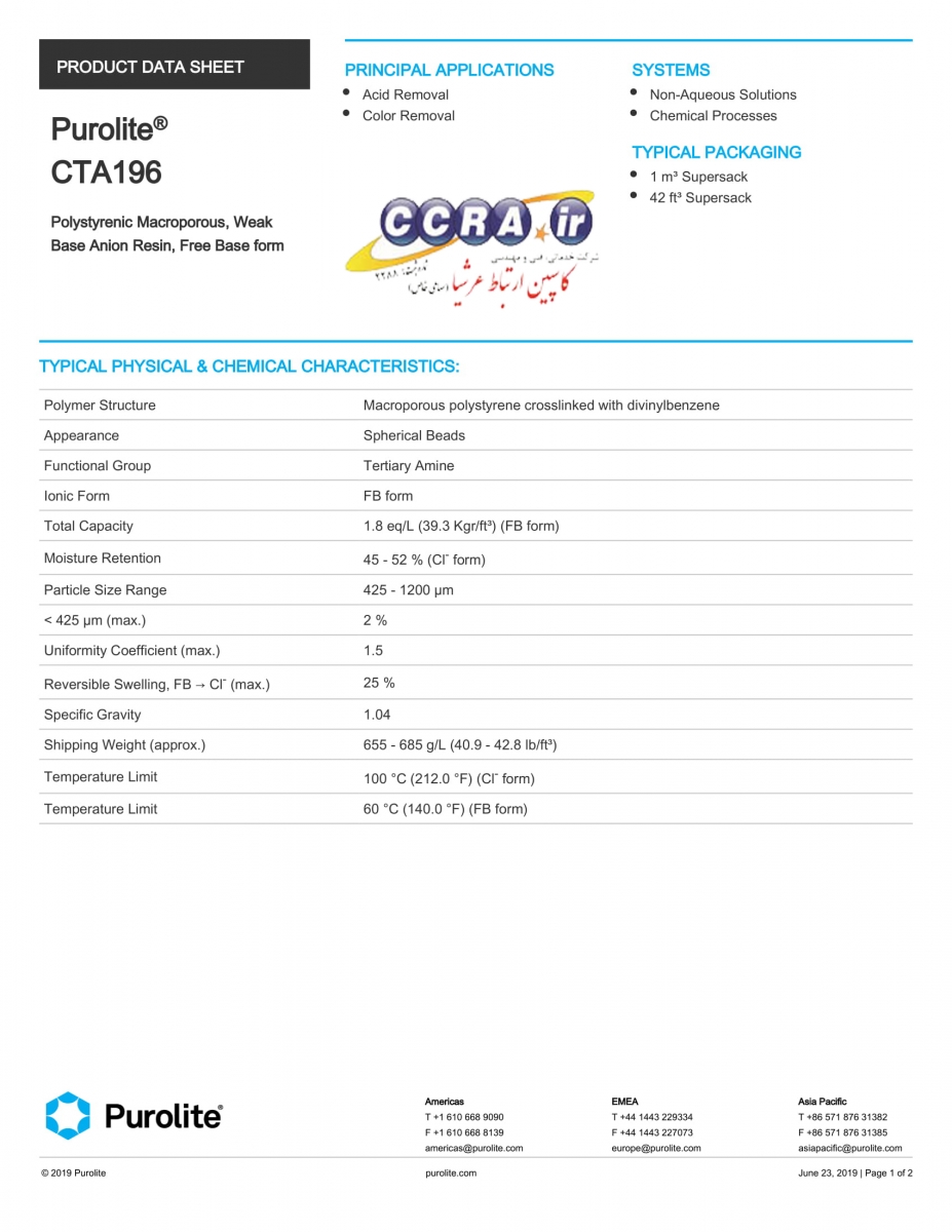 رزین آنیونی پرولایت مدل CTA196